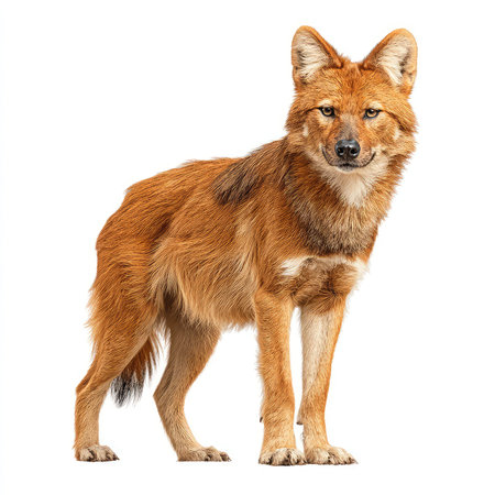 This high-quality image features an isolated cutout of a dhole in a natural pose, showcasing...