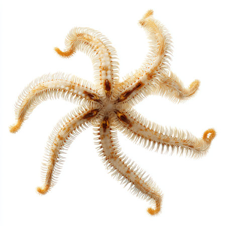 This isolated cutout image showcases a brittle star, featuring intricate textures and vibrant colors...