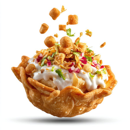 Discover a stunning isolated cutout of a vibrant chaat dish featuring yogurt, crispy elements, and...