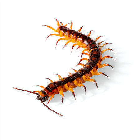 High-quality close-up image of an isolated centipede showcasing vibrant coloration and intricate details against a white background. Ideal for educational and scientific use.の写真素材