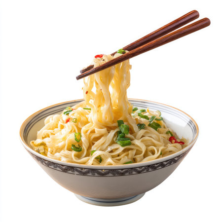 Discover a tantalizing bowl of authentic Chongqing noodles, beautifully presented with chopsticks, isolated for your culinary projects. Perfect for food photography or restaurant menus.の写真素材