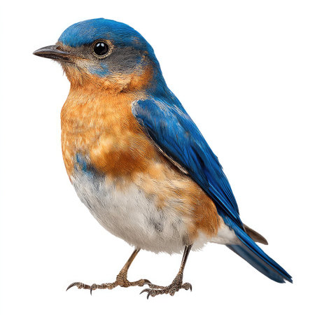 This isolated cutout features a vibrant bluebird with bright orange and blue plumage on a clean white background, perfect for nature themes.の写真素材