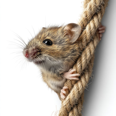 A charming close-up of a small mouse skillfully climbing a rope, set against a clean white background. This isolated cutout showcases the intricate details of its fur and curious expression, perfect for nature and animal-themed projects.の写真素材