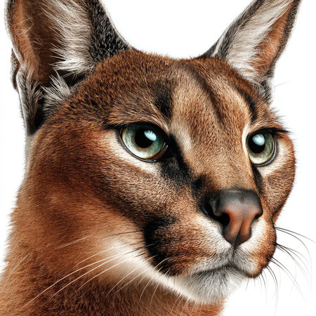 Explore a striking portrait of a caracal, showcasing its distinct features and expressive eyes...