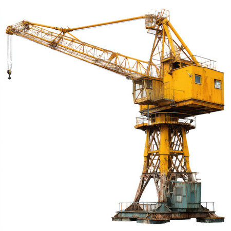 Isolated image of a weathered yellow crane, perfect for highlighting industrial innovation or...