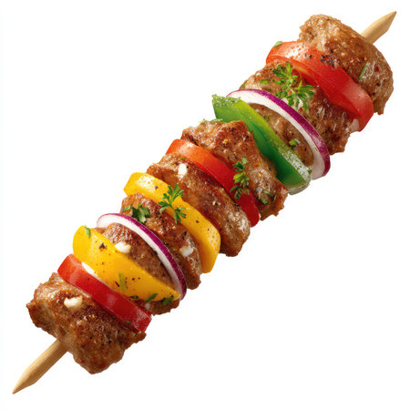 Enjoy this vibrant image of a fresh kebab skewer featuring grilled meat and assorted colorful vegetables, isolated on a clean background. Perfect for food-related themes!の写真素材