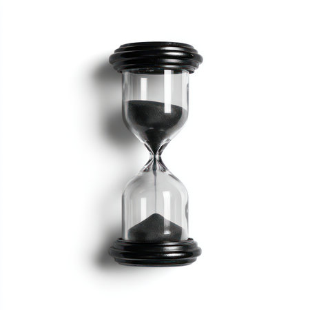 An elegant isolated hourglass timer featuring black sand against a pristine white background. This...