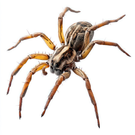 This isolated high-quality image features a wolf spider in striking detail, showcasing its intricate...