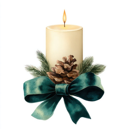 This adorable watercolor image features a simple Christmas candle adorned with pinecones and a green ribbon, perfect for festive decorating.の写真素材