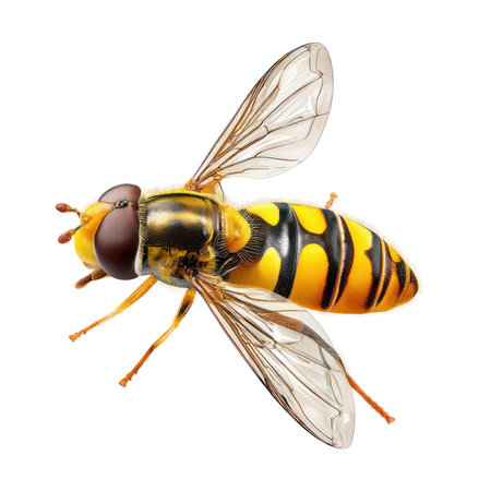 This high-quality image features an isolated syrphid fly, showcasing its unique coloration and...