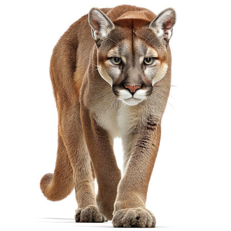 A striking isolated image of a cougar walking confidently with an intense expression. This...