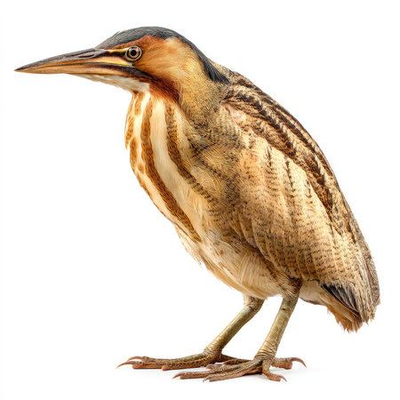 Captivating close-up of a solitary bittern bird showcasing intricate feather patterns and a slender build on a clean white backdrop.の写真素材