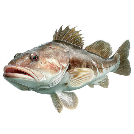 This image features a high-quality isolated cutout of a cod fish, showcasing its detailed anatomy...