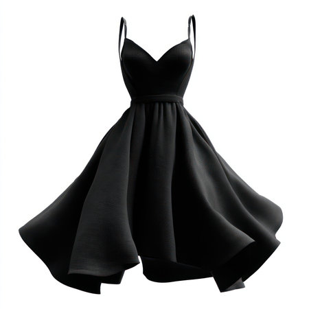 Stunning isolated black dress featuring a flowy skirt with exquisite detailing. Perfect for fashion concepts, visuals, and creative projects.の写真素材