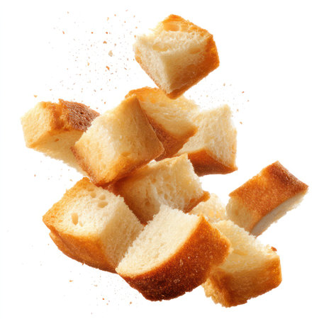 Discover these high-quality isolated croutons, perfect for enhancing your culinary creations. These crispy bread cubes add flavor and texture to salads and soups, making any dish more appetizing.の写真素材