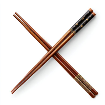 Discover this elegant wooden chopstick set perfect for cooking and dining. The clean, isolated design enhances any meal presentation. Ideal for various cuisines.の写真素材