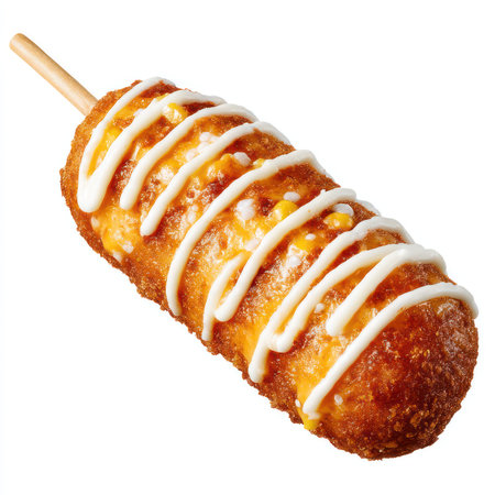 Enjoy a mouthwatering corn dog featuring a crisp, golden batter and creamy drizzle, perfect for any snack lover. Ideal for appetizing visuals.の写真素材