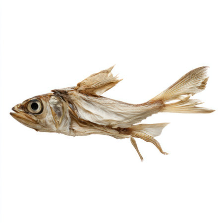 This high-quality image features an isolated cutout of a dried fish, showcasing its unique texture and anatomy, perfect for food-related projects or culinary presentations.の写真素材