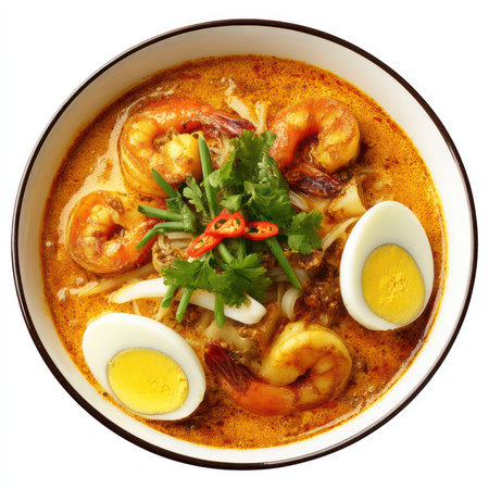 Enjoy a mouthwatering bowl of laksa featuring plump shrimp, boiled egg, and vibrant herbs. Perfect for food lovers seeking a spicy, flavorful dish.の写真素材