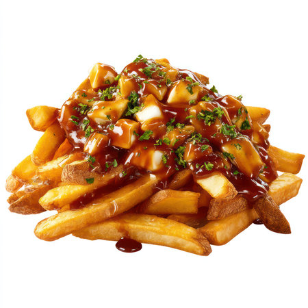 Enjoy a close-up view of a delicious poutine dish featuring crispy fries, rich gravy, and cheese. Perfect for food photography and culinary projects.の写真素材