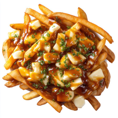 This image showcases a delicious serving of poutine, featuring crispy fries topped with gravy and cheese curds, perfect for food lovers.の写真素材