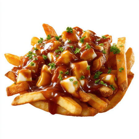 Enjoy a serving of classic poutine, featuring golden fries smothered in rich gravy and cheese curds, garnished with fresh herbs, perfect for any food lover.の写真素材