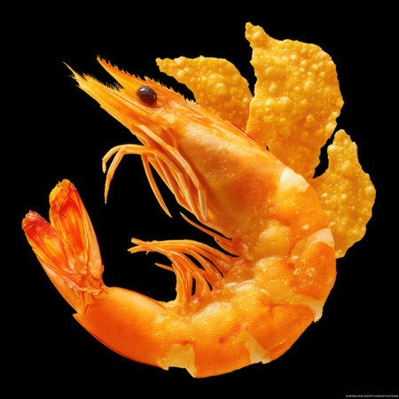 This striking image features a vibrant prawnfish with crispy crackers against a sleek black backdrop, perfect for culinary use or food-related projects.の写真素材