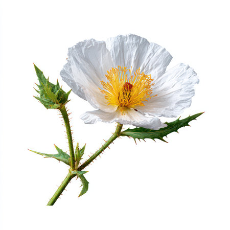 A stunning isolated image of a prickly poppy flower featuring bright white petals and a striking yellow stamen, perfect for botanical illustrations and nature-themed designs.の写真素材