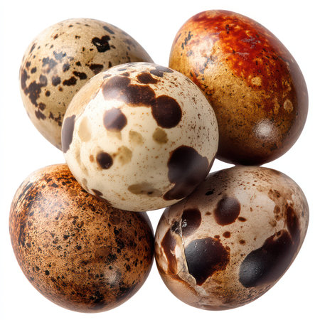 Discover a stunning collection of isolated quail eggs featuring unique colors and patterns. Perfect for culinary, wildlife, and nature-themed projects.の写真素材
