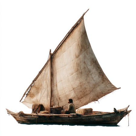 A serene image of an isolated sailboat gliding across calm waters, featuring a vintage sail and a solitary mariner. Perfect for themes of tranquility and adventure.の写真素材