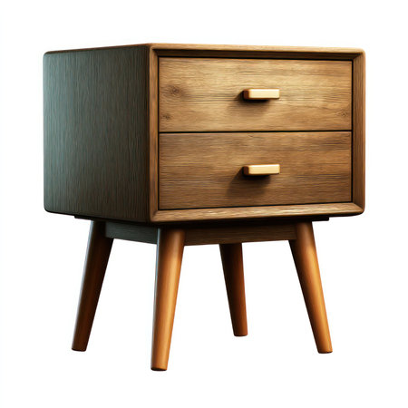 This elegant wooden nightstand with drawers is isolated on a white background, perfect for interior design projects. Its modern style complements any bedroom decor while offering functional storage.の写真素材