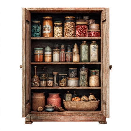 A beautifully organized rustic pantry featuring various jars and bottles filled with spices, herbs, and dry ingredients, perfect for home decor and culinary inspiration.の写真素材
