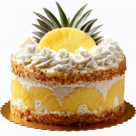 A mouthwatering pineapple cake featuring layers of creamy whipped frosting and fresh pineapple, perfect for celebrations. Ideal for food photography or dessert recipes.の写真素材