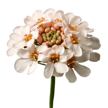 This image features an isolated white Persian Candytuft flower, showcasing delicate petals and a vivid center. Perfect for nature-themed projects.の写真素材