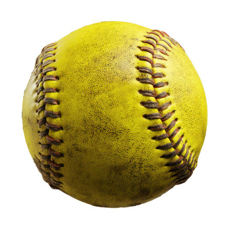This image features a high quality isolated yellow softball, showcasing its texture and details, perfect for sports-focused projects, illustrations, and promotional materials.の写真素材