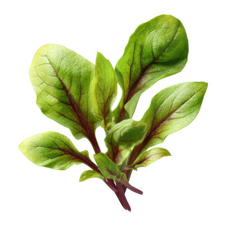Vibrant fresh sorrel leaves isolated on a white background, ideal for culinary uses and emphasizing healthy eating. Perfect for recipes and food presentations.の写真素材