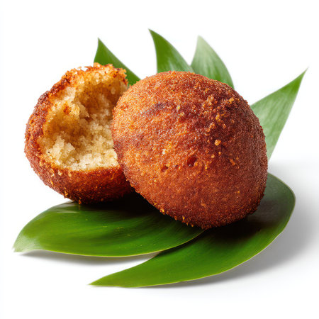 A close-up image of delicious Punugulu, a traditional Indian snack, resting on fresh green leaves, highlighting its crispy texture and golden color.の写真素材