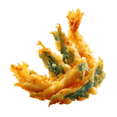 Discover a vibrant and crispy piece of golden tempura vegetable, perfectly isolated on a clean white background, showcasing its delightful texture and visual appeal.の写真素材