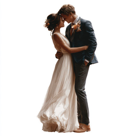 A beautiful isolated cutout image of a romantic wedding couple embracing and sharing a kiss. Perfect for capturing love and joy in wedding-themed projects.の写真素材