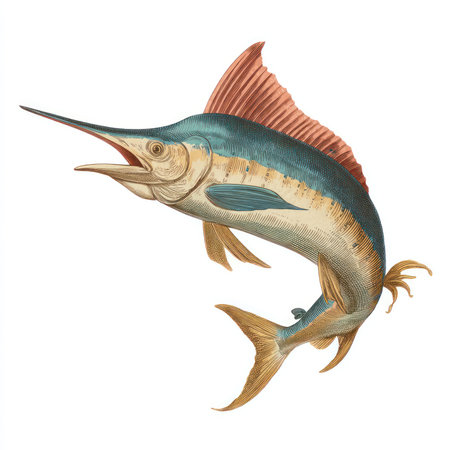 Discover a stunning vintage-style illustration of a blue marlin, showcasing detailed scales and vibrant colors. Perfect for art lovers and marine enthusiasts.の写真素材