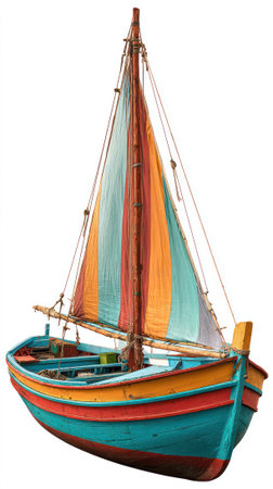 A vibrant clipart style image of a brightly painted fisherman boat featuring colorful sails. Perfect for designs related to marine adventures or summer activities.の写真素材