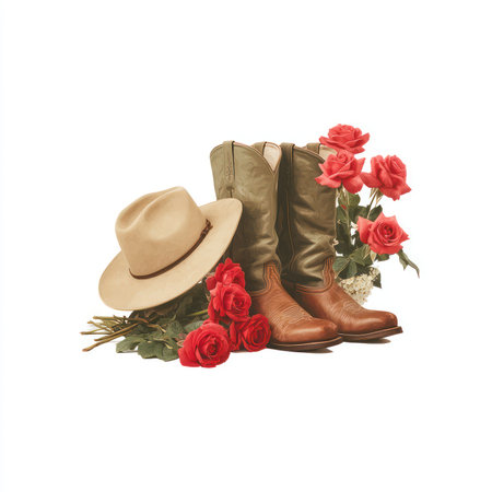 This high-quality image features a stylish cowboy hat and boots arranged with vibrant roses, perfect for creative designs, marketing, or personal projects.の写真素材