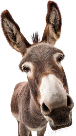 This close-up image captures a cute donkey with its head tilted, showcasing a charming expression and curious demeanor, making it a delightful addition to any animal photography collection.の写真素材