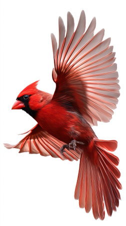 A striking image of a vibrant red cardinal in mid-flight, showcasing its majestic wings against a clean white background. Perfect for nature lovers.の写真素材