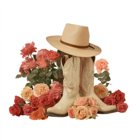 This isolated cutout features a cowboy hat and boots elegantly arranged with vibrant roses on a pure white background. Perfect for floral decoration and rustic themes.の写真素材