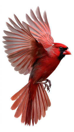 A stunning cardinal bird captured in mid-flight, showcasing its vibrant red feathers against a pristine white background, symbolizing freedom and nature's beauty.の写真素材