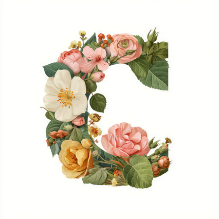 This isolated decorative letter C features a beautiful arrangement of pastel florals, creating an elegant and vibrant artwork perfect for various design projects.の写真素材
