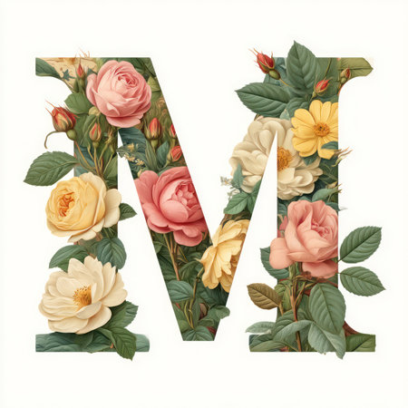 This decorative isolated letter M features a beautiful arrangement of pastel flowers and lush green leaves, perfect for adding a touch of elegance to various design projects.の写真素材