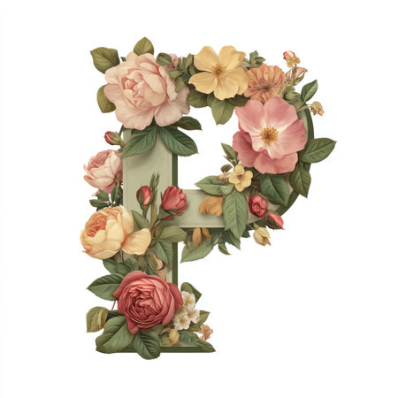 A stunning decorative floral letter P featuring a variety of pastel-colored flowers and lush greenery. Ideal for creative projects, invitations, or artistic displays.の写真素材