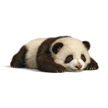 An adorable isolated panda cub is lying down on a white background, showcasing its playful yet relaxed expression. This high-quality raw image highlights the cub's fluffy fur and gentle features, perfect for wildlife enthusiasts or animal lovers.の写真素材